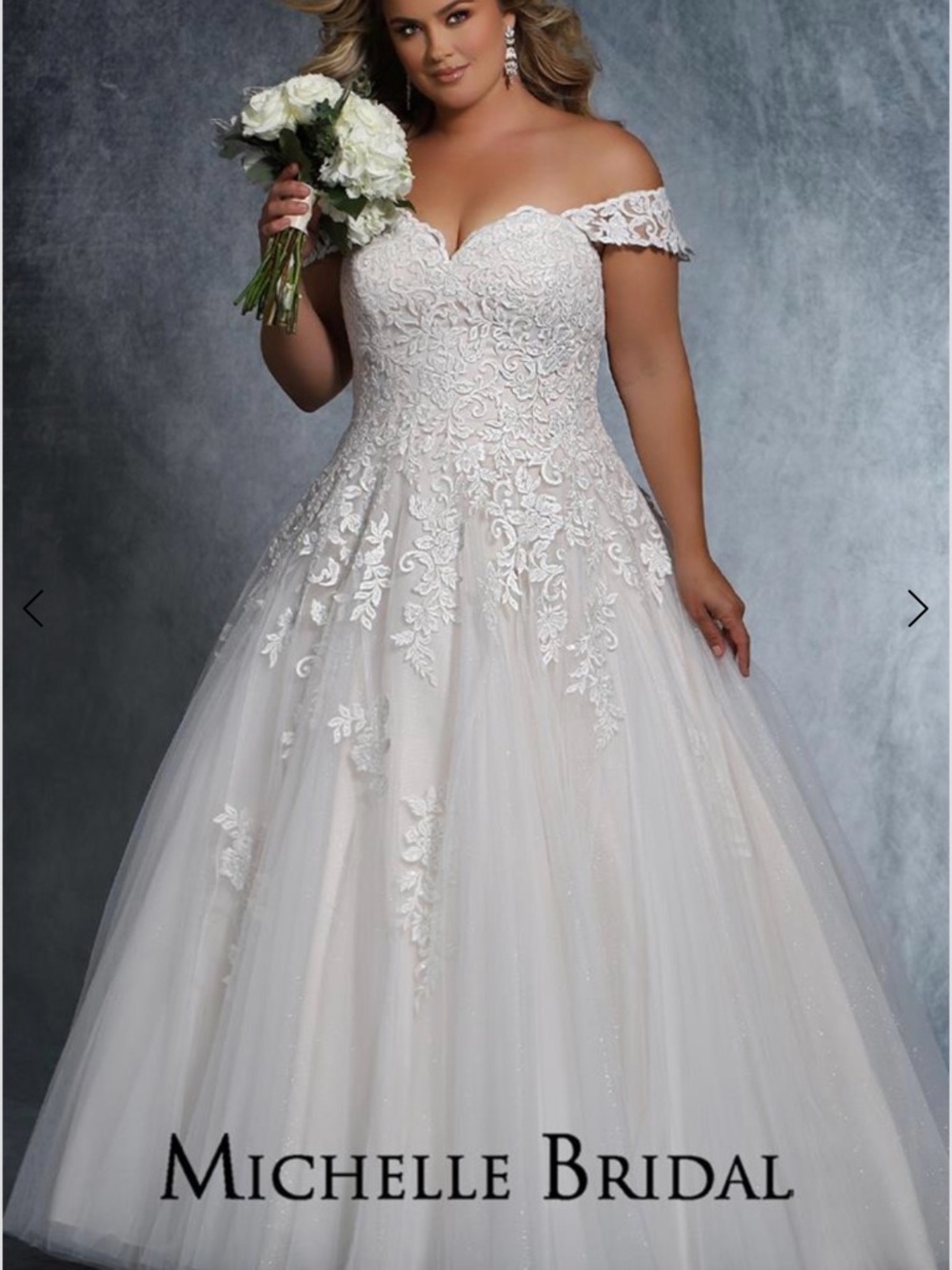 Off-Shoulder Ivory/Champagne Lace Ball Gown Wedding Dress, Size 32